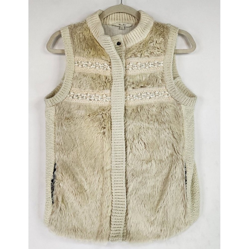 Miss Me Vest Womens Medium Ivory Soft Cozy Faux Fur Beaded Wool Blend Snap On